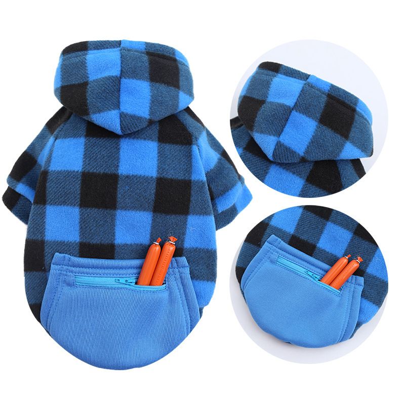 Wonderful Pet Sweater Plaid Zipper Pocket Wool Zipper Pocket Blue and Black L (chest circumference 47 back length 35cm)
