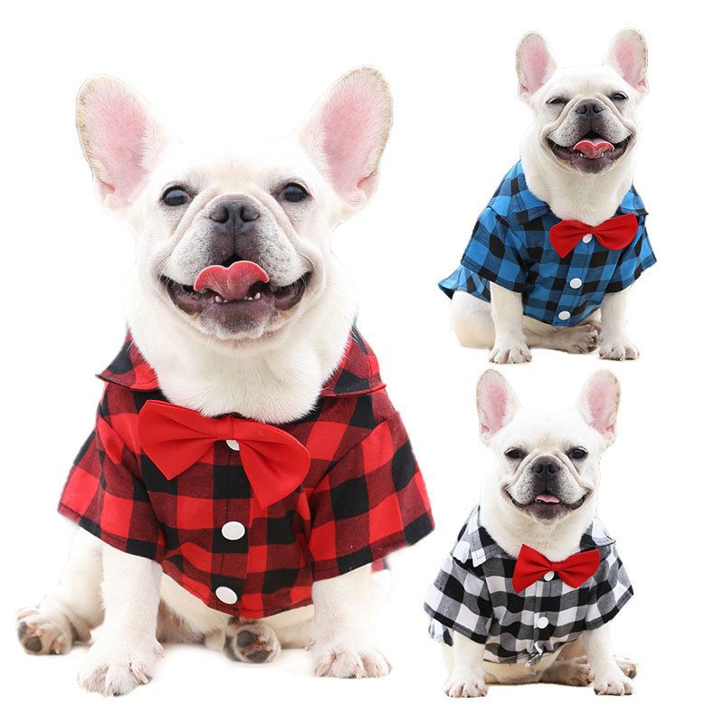 Shine Dog Plaid Shirt Polyester Two-legged Clothes Red and Black Plaid Bow-tie Shirt 2XL bust 58 back length 40cm