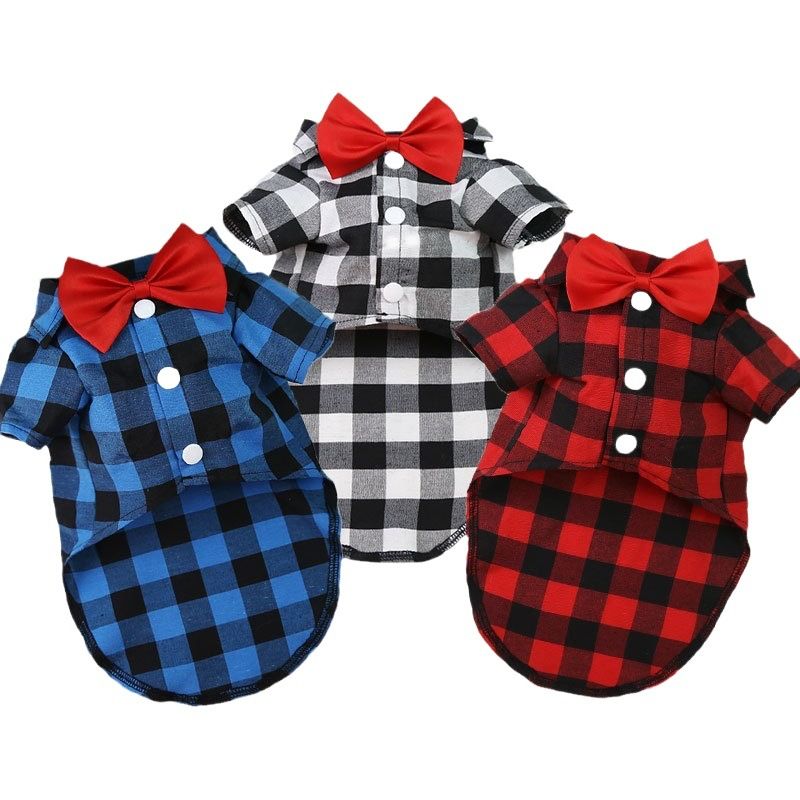 Shine Dog Plaid Shirt Polyester Two-legged Clothes Red and Black Plaid Bow-tie Shirt 4XL bust 80 back length 50cm