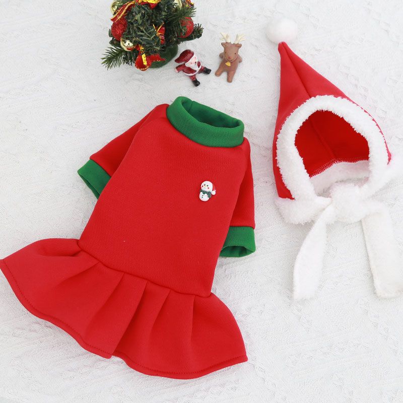 Christmas Pet Clothes Dog Cat Winter Cotton Two-Piece Set (Red Hat + red skirt) L