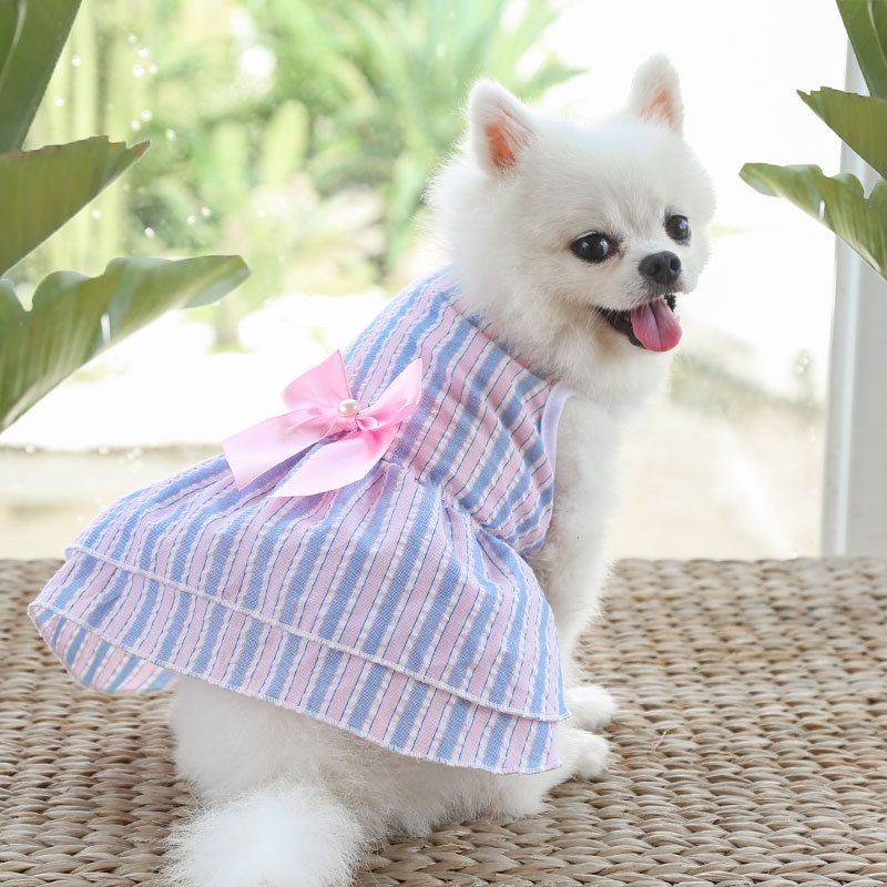 Plaid Dog Dress Bow Pet Clothing Polyester 230 Skirt Pink Blue Vertical Stripes L
