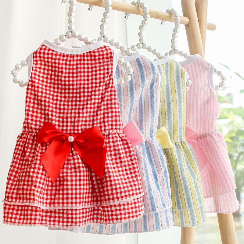 Plaid Dog Dress Bow Pet Clothing Polyester 230 Skirt Pink Blue Vertical Stripes XL