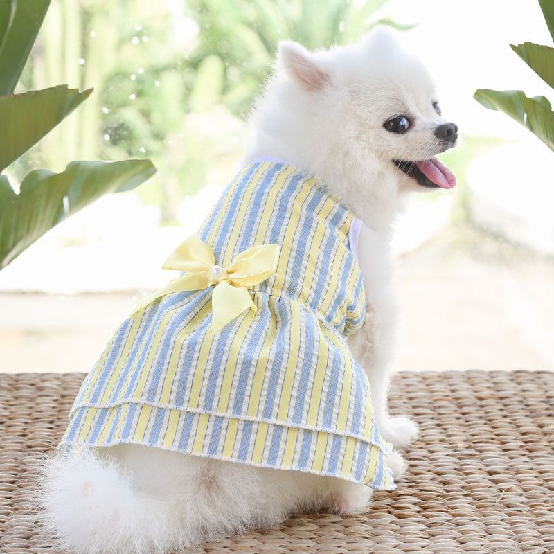 Plaid Dog Dress Bow Pet Clothing Polyester 230 Skirt Yellow Green Vertical Stripes XL