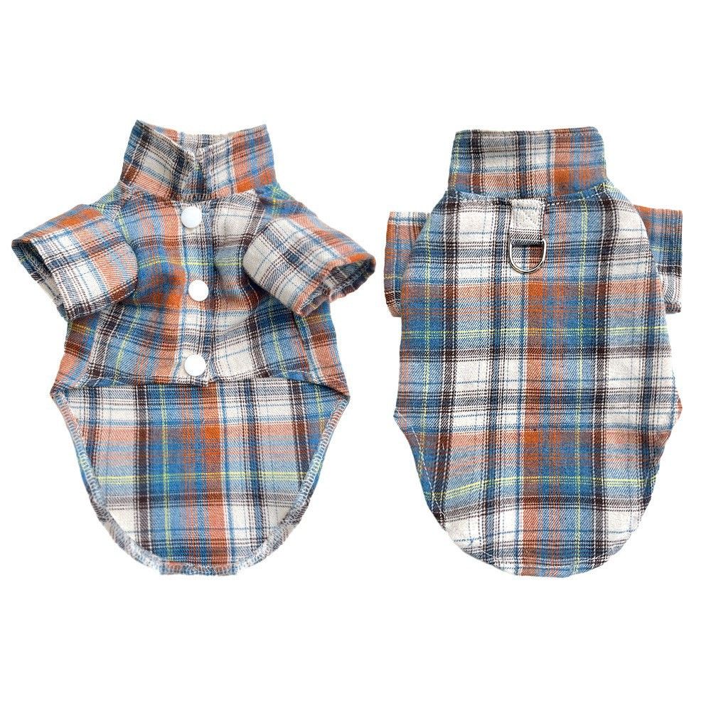 Shine Dog Plaid Shirt Suit Wedding Teddy Orange Blue Blouse with D-Button L bust 45 back length 35cm