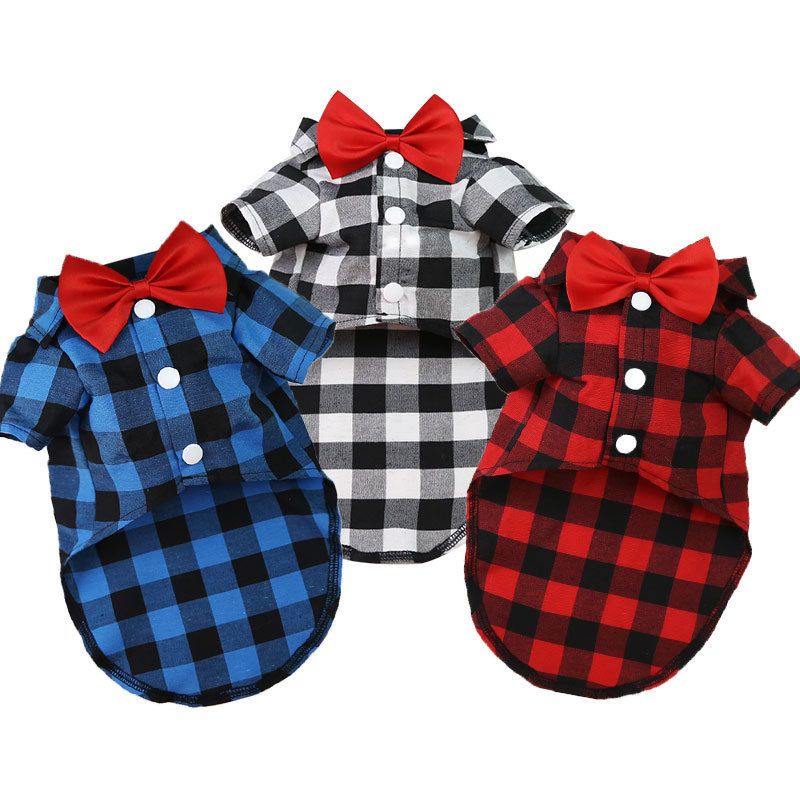 Shine Dog Plaid Shirt Suit Wedding Teddy Orange Blue Blouse with D-Button L bust 45 back length 35cm