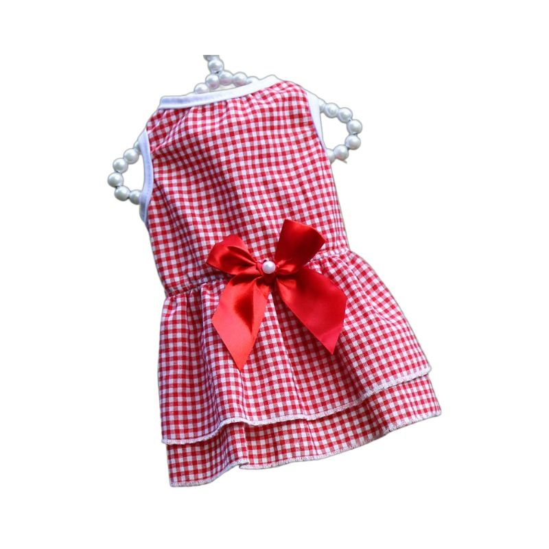 Plaid Dog Dress Bow Pet Clothing Polyester 230B Pink Trumpet Dress M