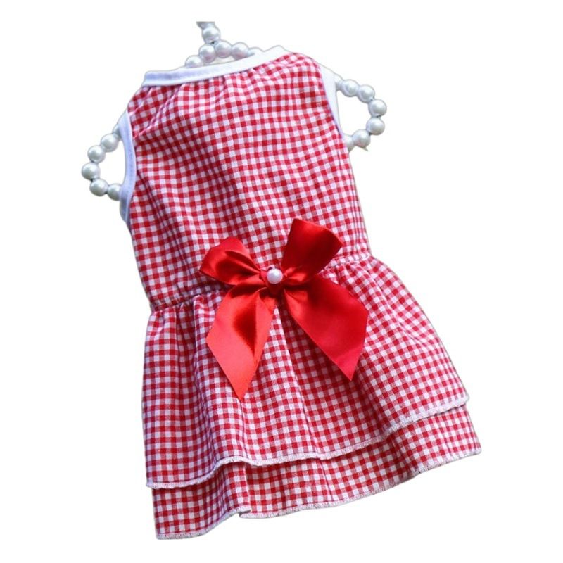 Plaid Dog Dress Bow Pet Clothing Polyester 230B Red Strawberry Skirt L