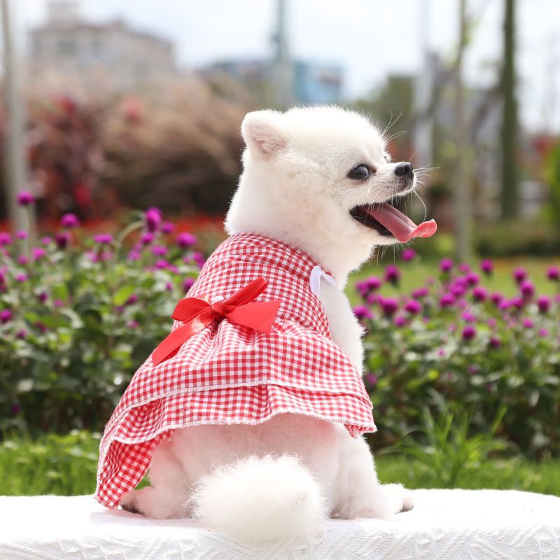 Plaid Dog Dress Bow Pet Clothing Polyester 230B Red Strawberry Skirt XXL