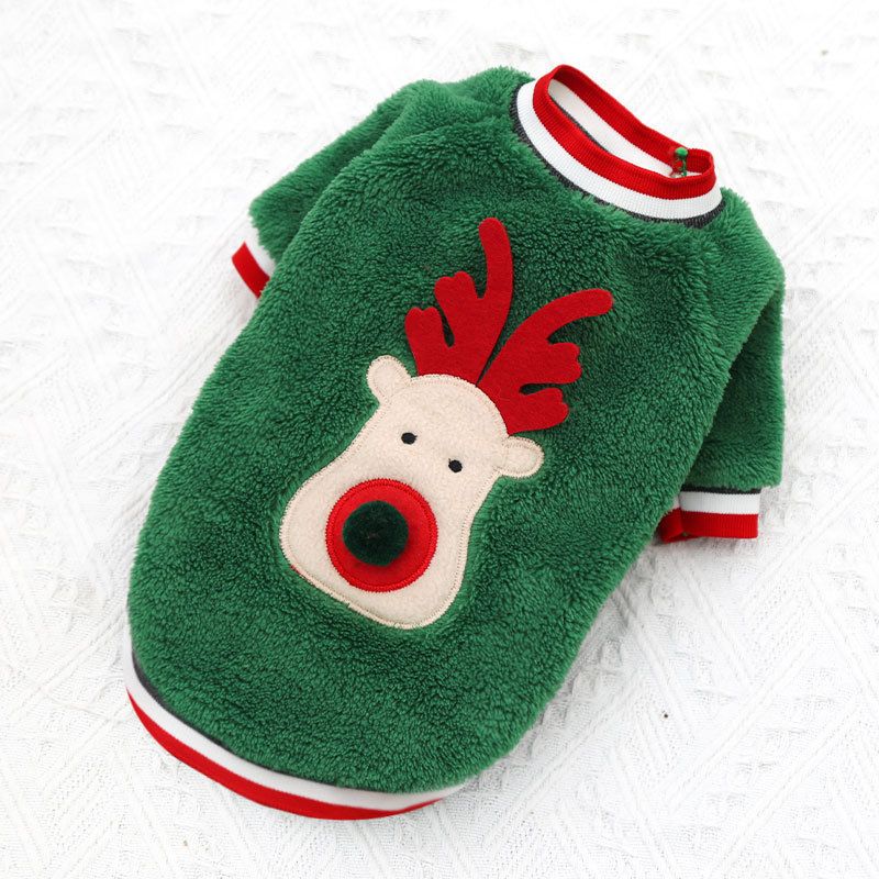 Coral Fleece Dog Sweatshirt Cartoon Deer 12450.00g leg green cotton velvet deer face XL (chest circumference 50 back length 40cm)