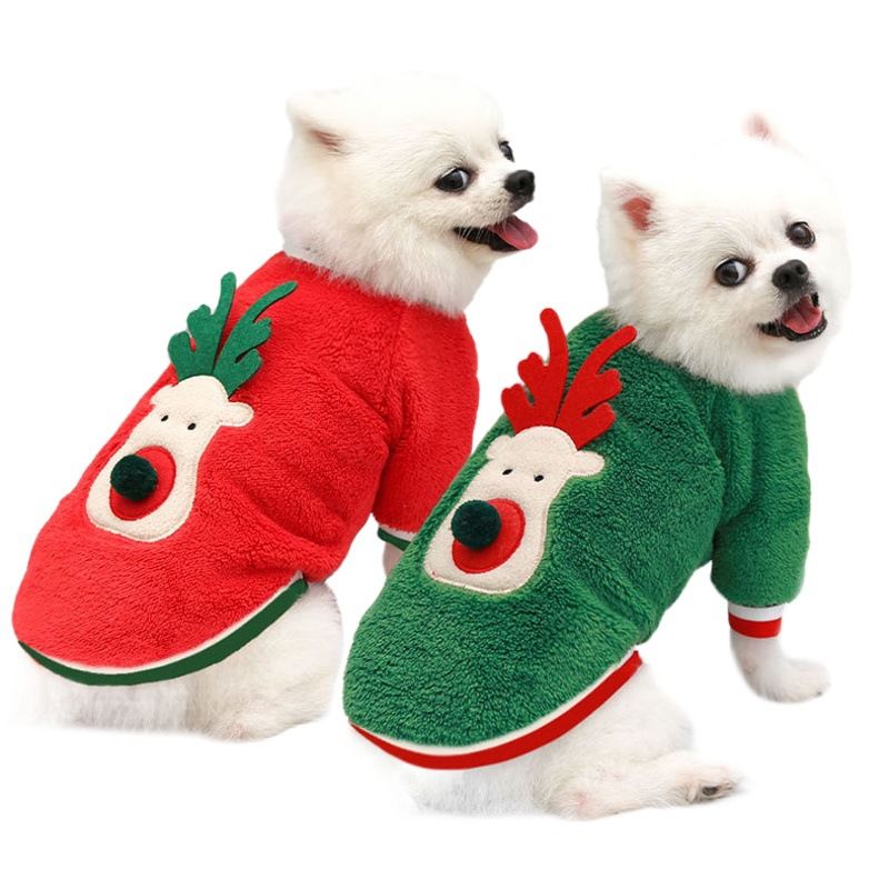 Coral Fleece Dog Sweatshirt Cartoon Deer 12450.00g leg green cotton velvet deer face XL (chest circumference 50 back length 40cm)