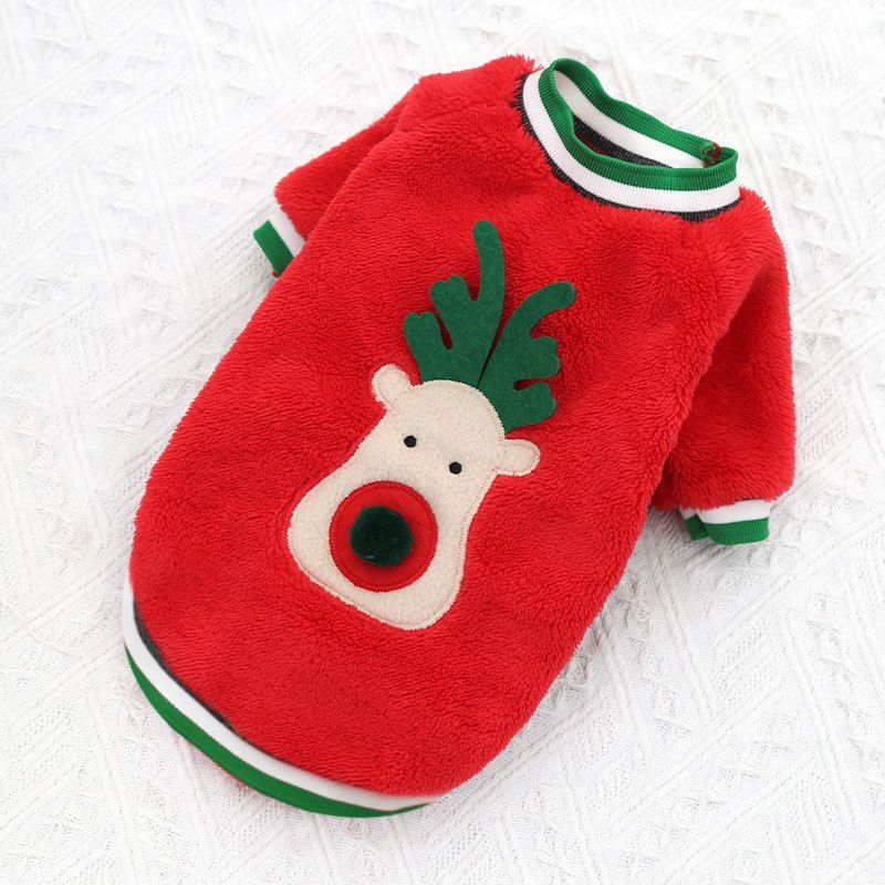 Coral Fleece Dog Sweatshirt Cartoon Deer 12450.00g leg red cotton velvet deer face XS (bust 30 back 20cm long)