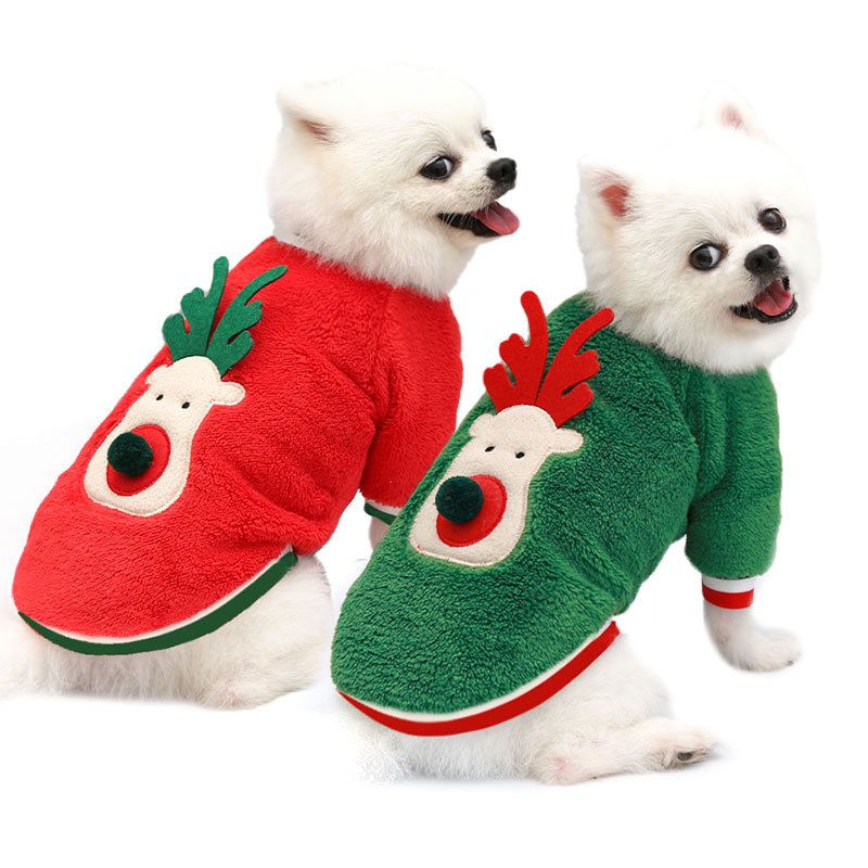 Coral Fleece Dog Sweatshirt Cartoon Deer 12450.00g leg red cotton velvet deer face XS (bust 30 back 20cm long)