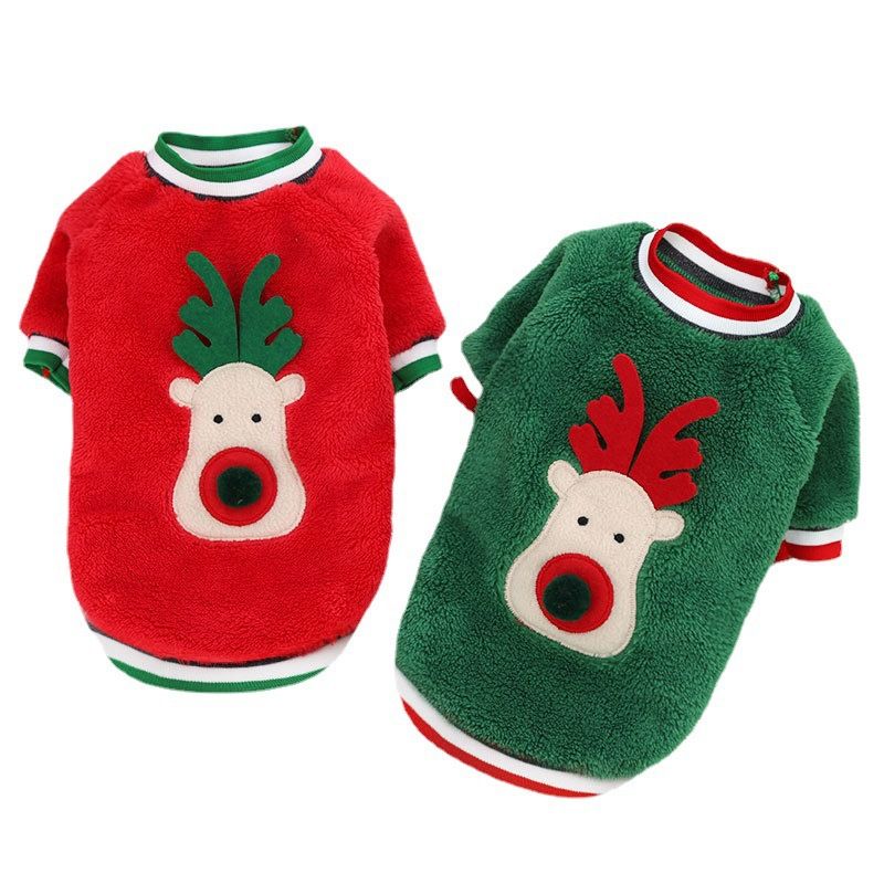 Coral Fleece Dog Sweatshirt Cartoon Deer 12450.00g leg green cotton velvet deer face XS (bust 30 back 20cm long)