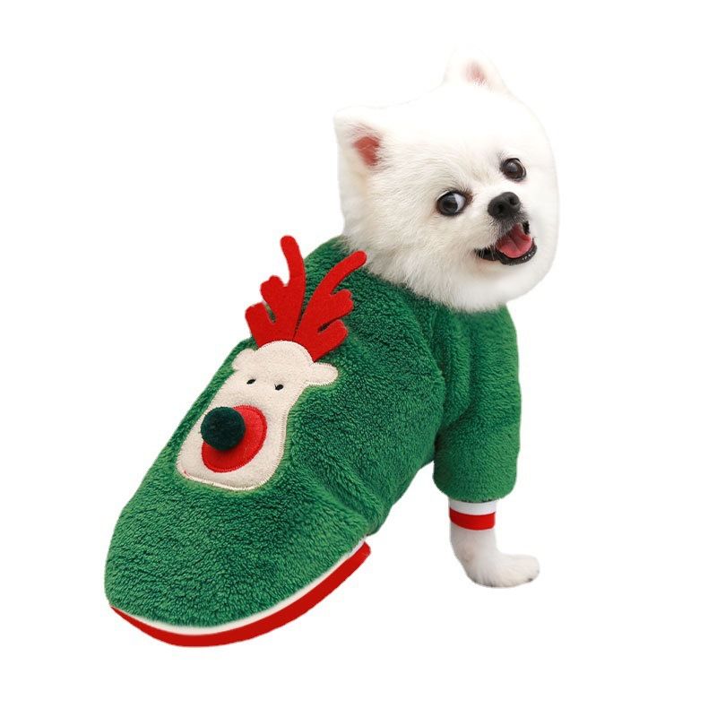 Coral Fleece Dog Sweatshirt Cartoon Deer 12450.00g leg green cotton velvet deer face XS (bust 30 back 20cm long)