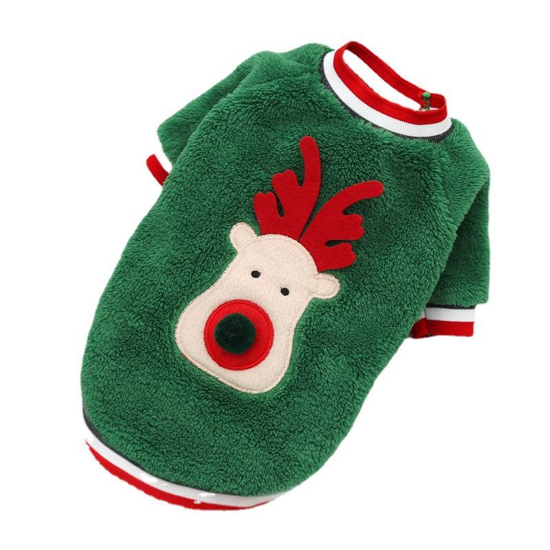 Coral Fleece Dog Sweatshirt Cartoon Deer 12450.00g leg green cotton velvet deer face XS (bust 30 back 20cm long)