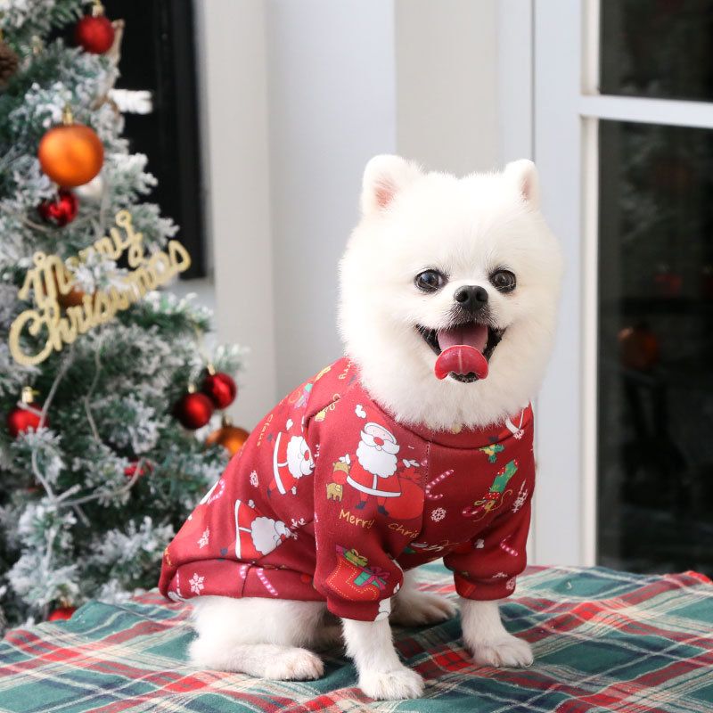Pet Sweatshirt Christmas Print Fleece Lined Dog Cat Two-legged composite velvet burgundy bottom old man 4XL (chest circumference 80 back length 50)