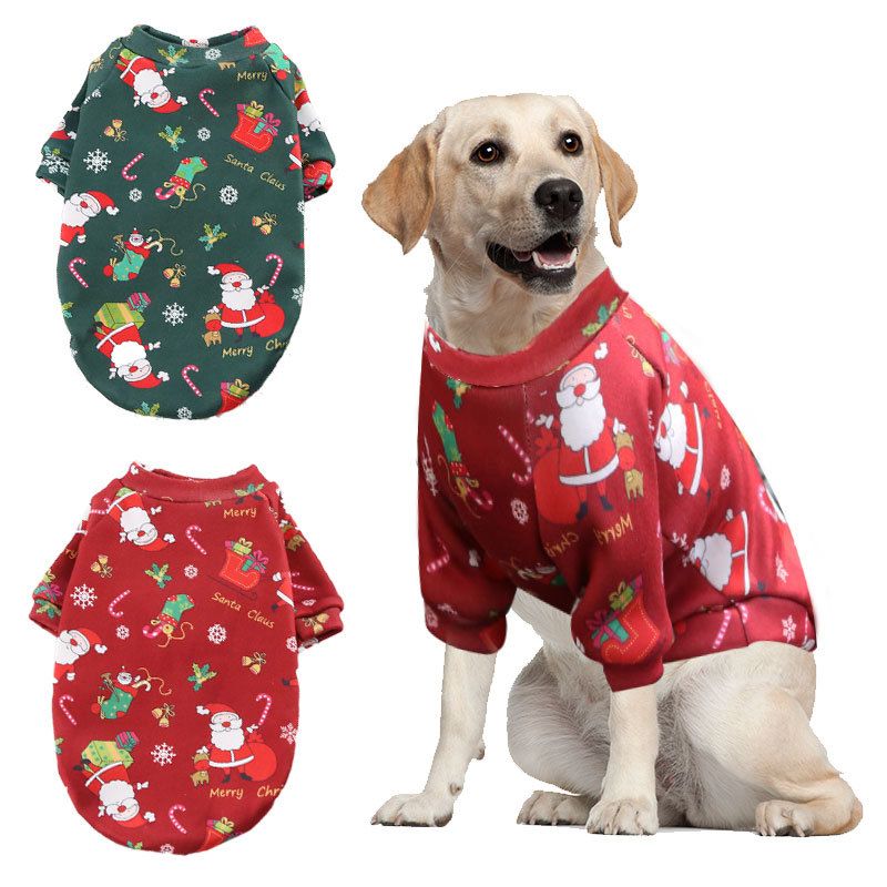 Pet Sweatshirt Christmas Print Fleece Lined Dog Cat Two-legged composite velvet green bottom old man M (chest circumference 40 back length 30)