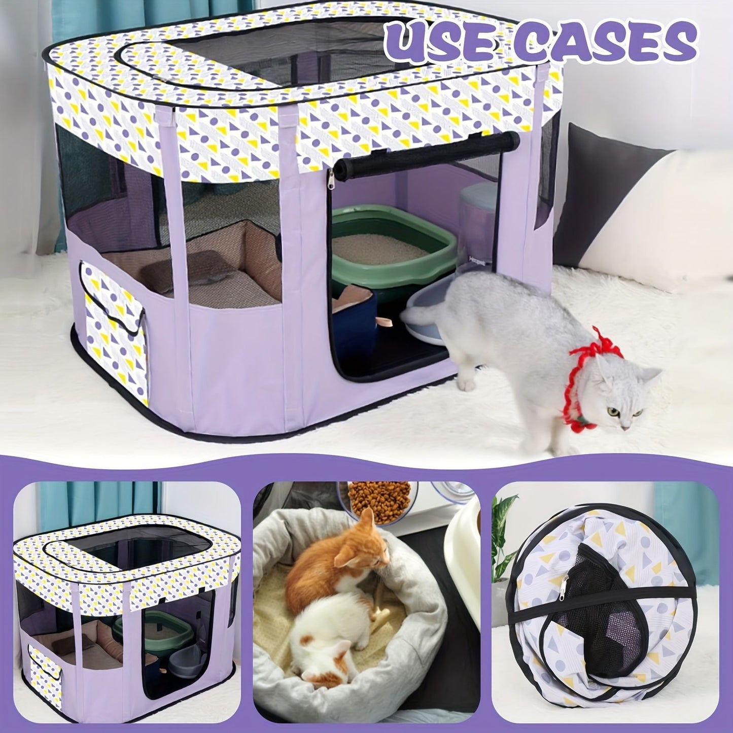 Foldable Pet Playpen for Cats and Small Dogs, Portable Puppy Exercise Cage, Indoor Pet Enclosure with Breathable Mesh, Perfect for Travel, Camping, and Outdoor Use as a Cat Whelping Box or Kitten Play Area (XL, Purple)