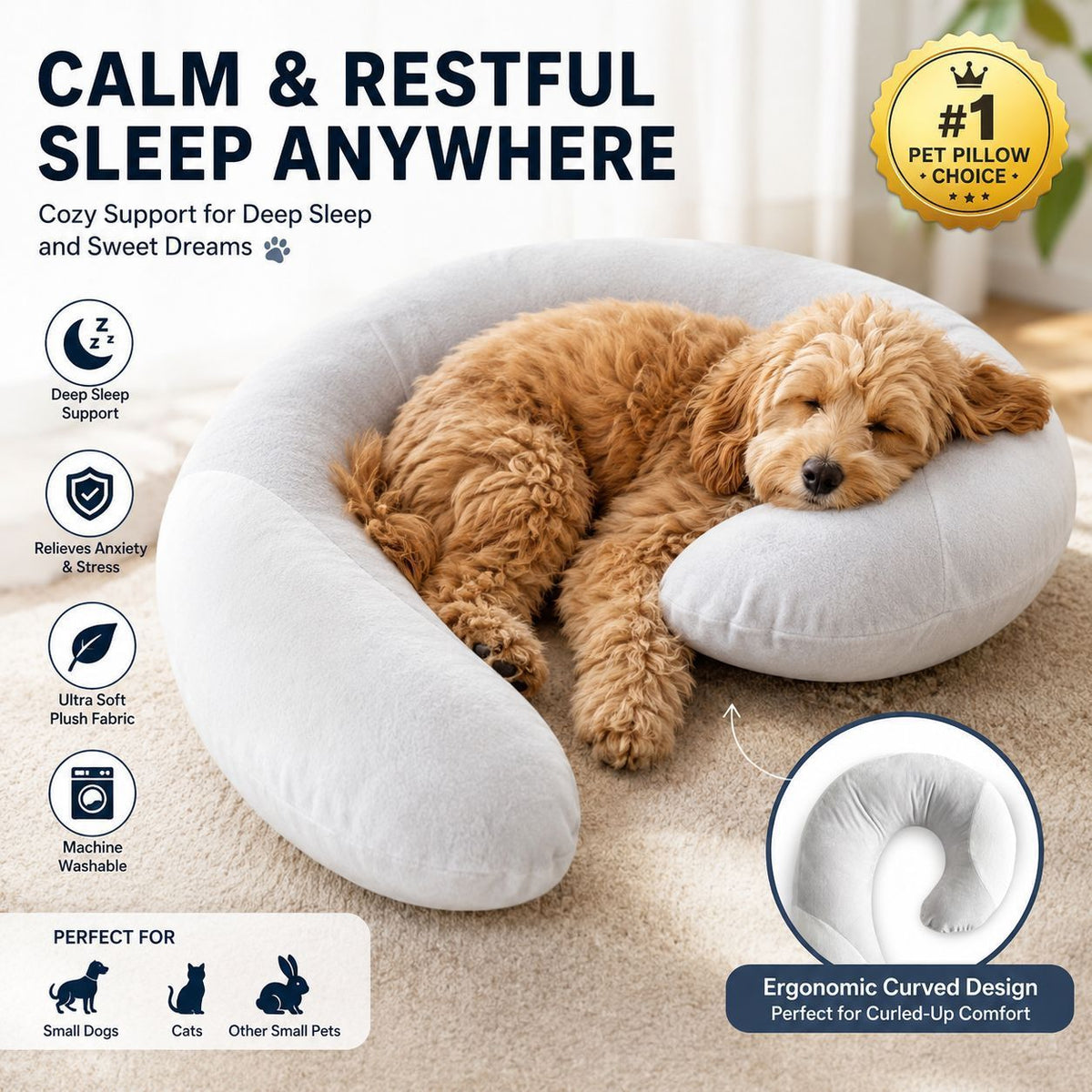U-Shaped Plush Pet Sleep Support Pillow, Gray and White shown in the product image