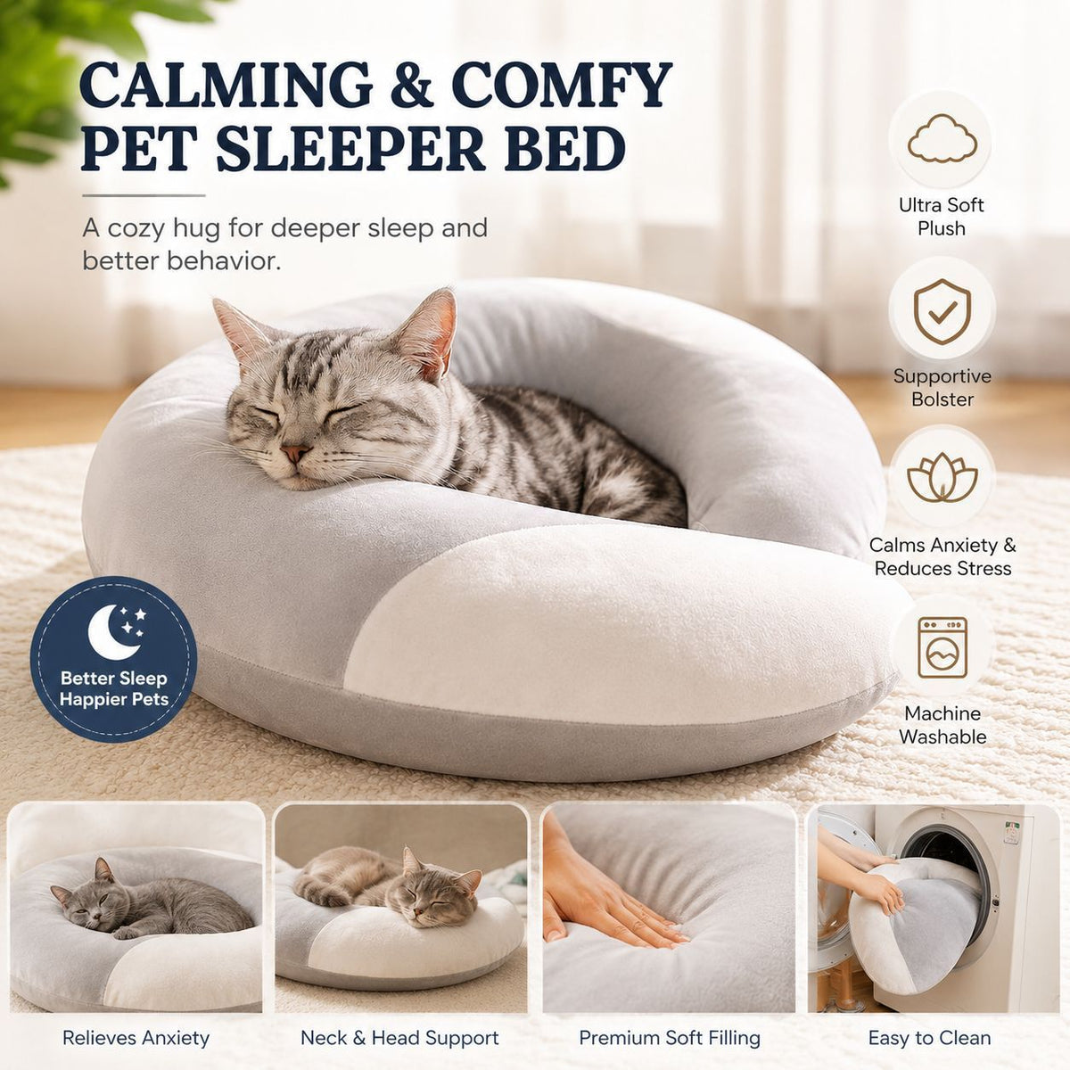 Additional product view: U-Shaped Plush Pet Sleep Support Pillow, Gray and White