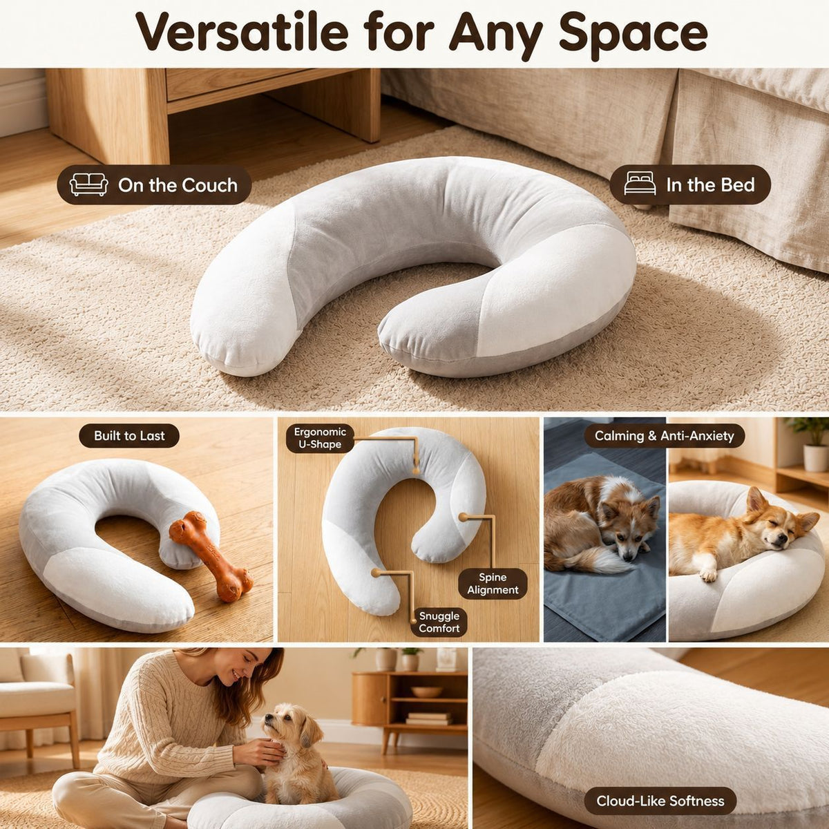 Additional product view: U-Shaped Plush Pet Sleep Support Pillow, Gray and White