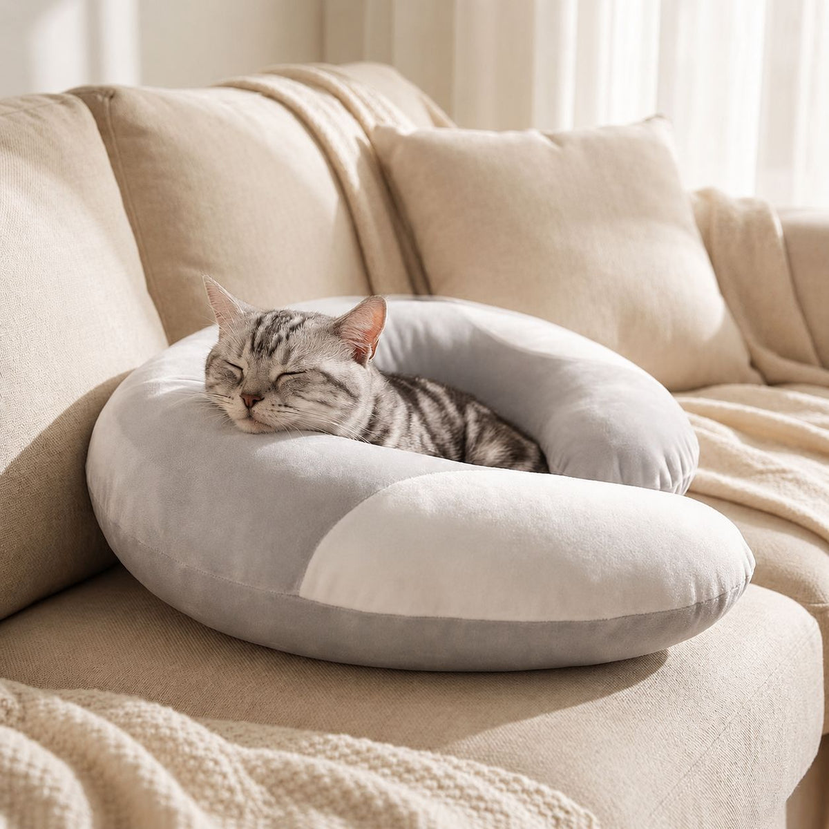 U-Shaped Plush Pet Sleep Support Pillow, Gray and White