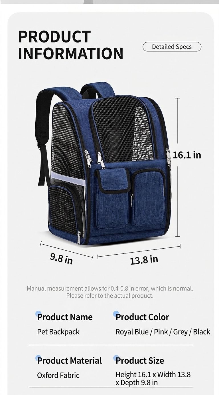Pet Carrier Backpack for Travel, Hiking, and Vet Visits – Breathable Mesh Design with Reflective Safety Strips, Ideal for Cats and Small Dogs, Hands-Free Convenience for Outdoor Adventures (Navy)