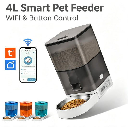 Smart Pet Feeder with WiFi and Button Control, 4L Automatic Cat and Dog Food Dispenser with Removable Stainless Steel Bowl, Ideal for Busy Owners, Travel, and Home Use (Orange, WIFI Version)