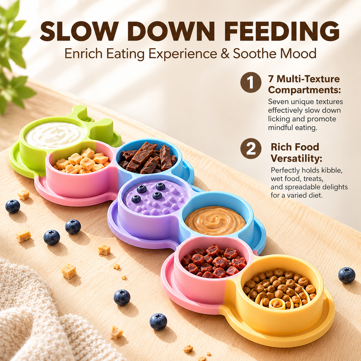 Interactive Slow Feeder Mat for Cats and Dogs – 7-Compartment Silicone Lick Mat with Textured Patterns, Non-Slip Eating Tray for Anxiety Relief, Digestive Health, and Mess-Free Meals at Home (Green)