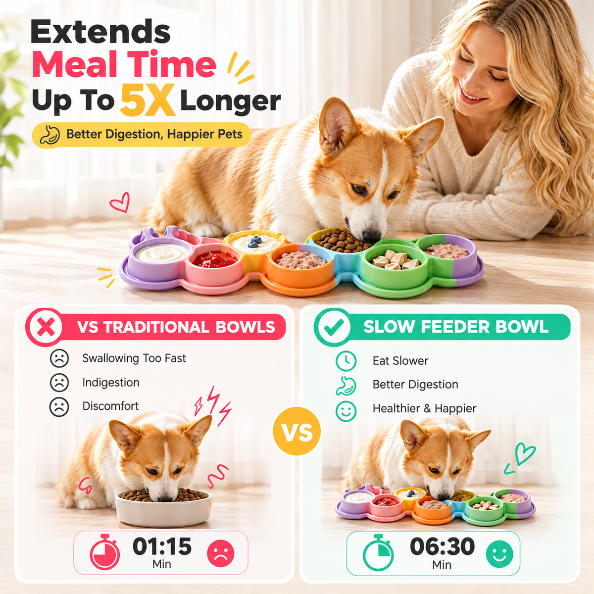 Interactive Slow Feeder Mat for Cats and Dogs – 7-Compartment Silicone Lick Mat with Textured Patterns, Non-Slip Eating Tray for Anxiety Relief, Digestive Health, and Mess-Free Meals at Home (MultiColor A)
