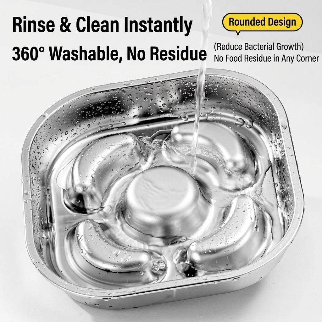 Slow-Feed Stainless Steel Pet Bowl with Raised Baffle Design for Cats and Dogs, Anti-Gulp Flat Wide Dish, Easy-Clean Durable Feeding Solution for Home Pet Meals (Silver)