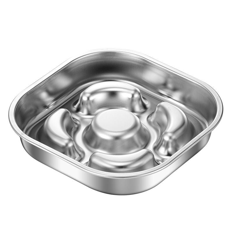Slow-Feed Stainless Steel Pet Bowl with Raised Baffle Design for Cats and Dogs, Anti-Gulp Flat Wide Dish, Easy-Clean Durable Feeding Solution for Home Pet Meals (Silver)
