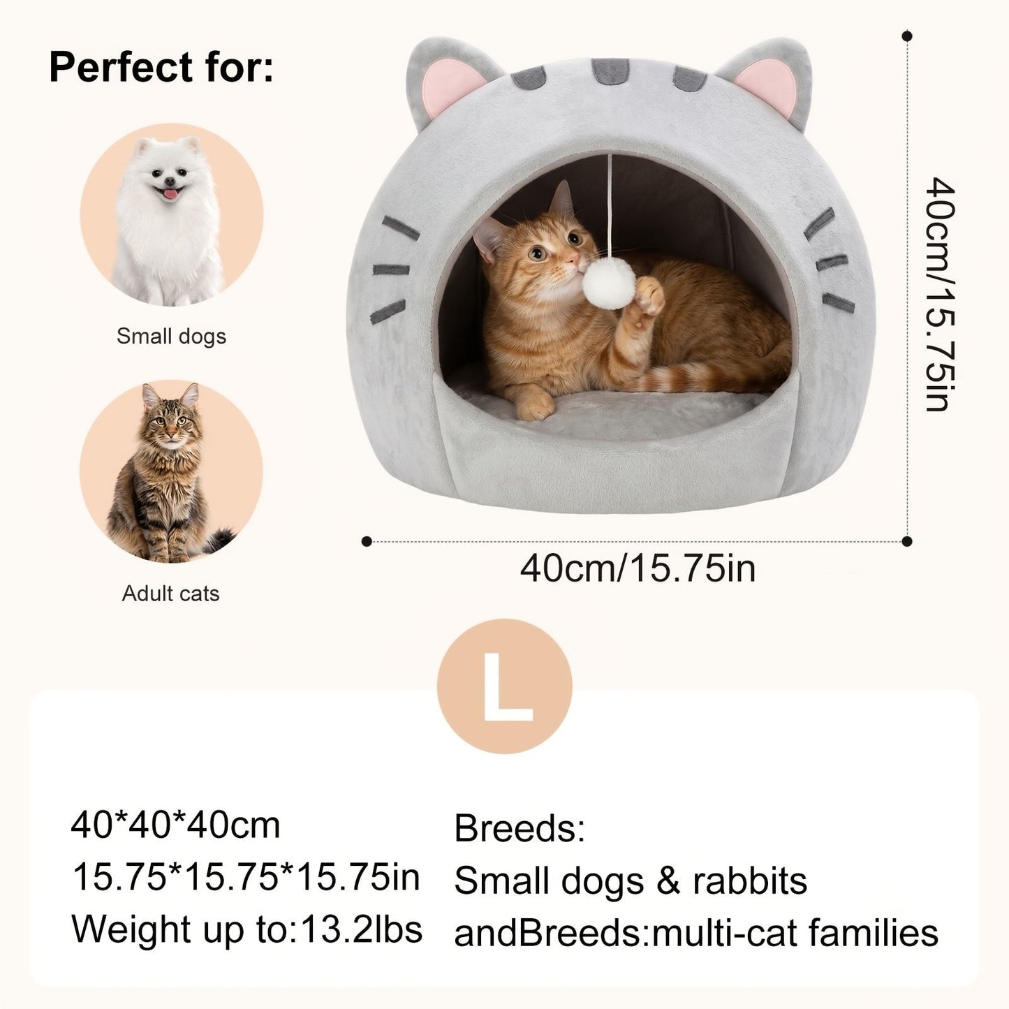 Cozy Semi-Enclosed Cat Cave Bed with Plush Toy Ball, 2-in-1 Convertible Design for Small Dogs and Rabbits, Soft Furry Shelter for Anxious Pets (M, Grey)