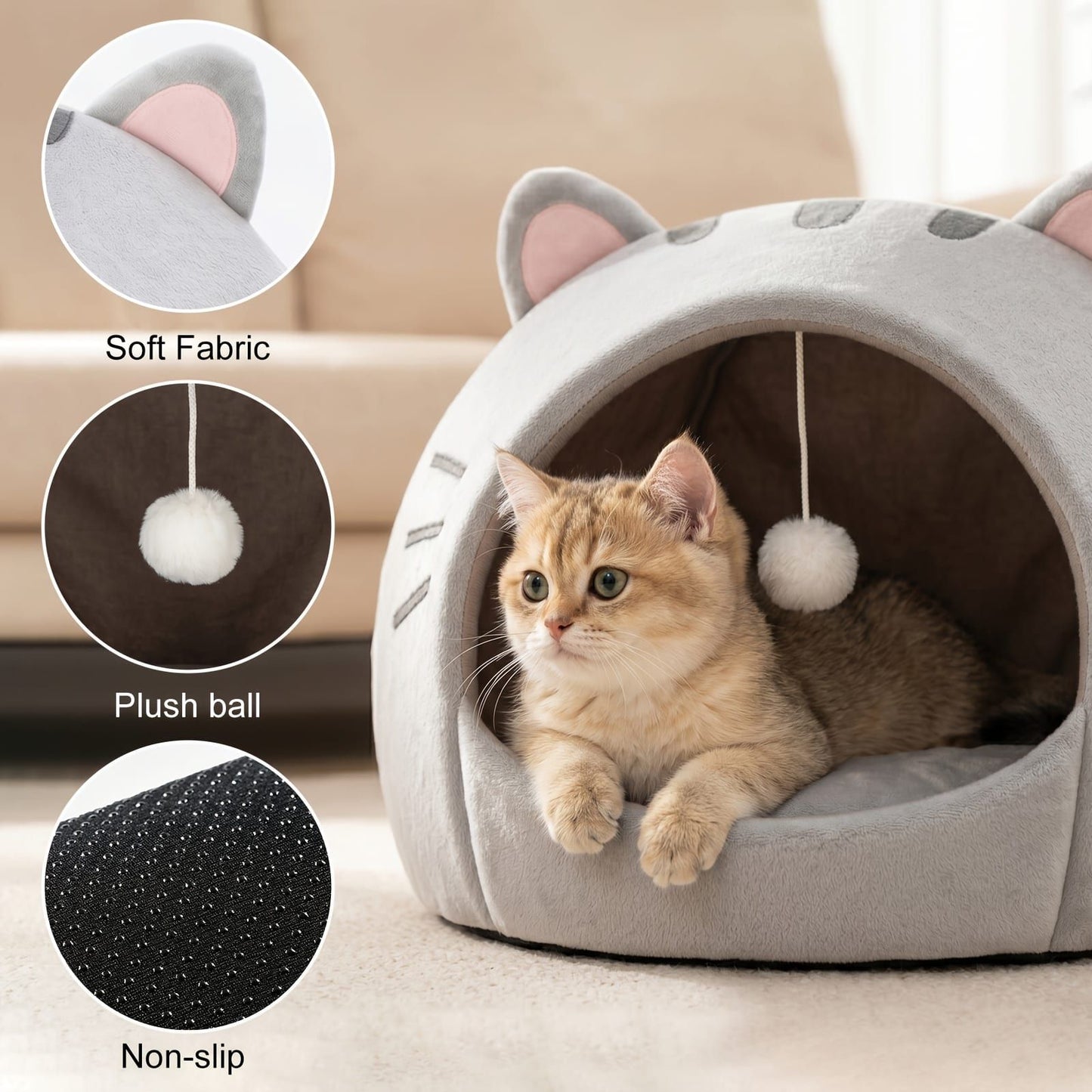 Cozy Semi-Enclosed Cat Cave Bed with Plush Toy Ball, 2-in-1 Convertible Design for Small Dogs and Rabbits, Soft Furry Shelter for Anxious Pets (M, Grey)
