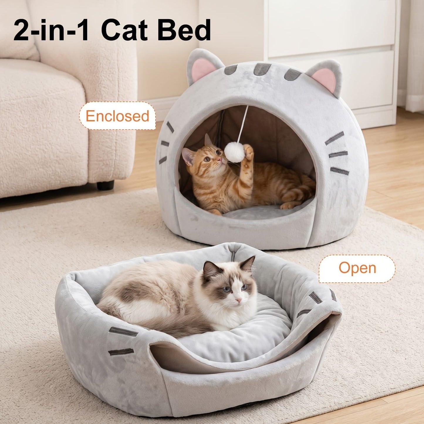 Cozy Semi-Enclosed Cat Cave Bed with Plush Toy Ball, 2-in-1 Convertible Design for Small Dogs and Rabbits, Soft Furry Shelter for Anxious Pets (M, Grey)