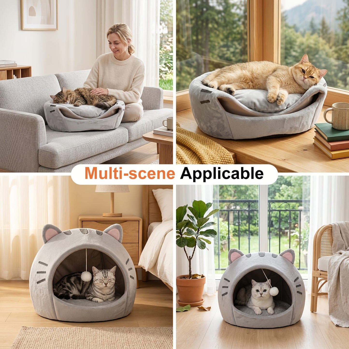 Cozy Semi-Enclosed Cat Cave Bed with Plush Toy Ball, 2-in-1 Convertible Design for Small Dogs and Rabbits, Soft Furry Shelter for Anxious Pets (M, Grey)
