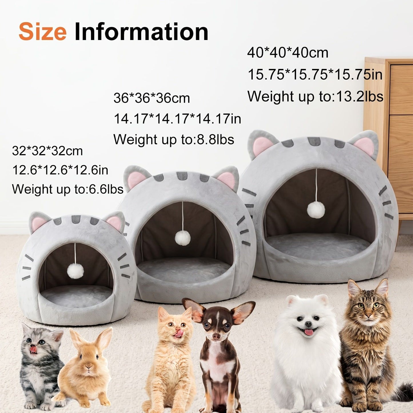 Cozy Semi-Enclosed Cat Cave Bed with Plush Toy Ball, 2-in-1 Convertible Design for Small Dogs and Rabbits, Soft Furry Shelter for Anxious Pets (S, Grey)