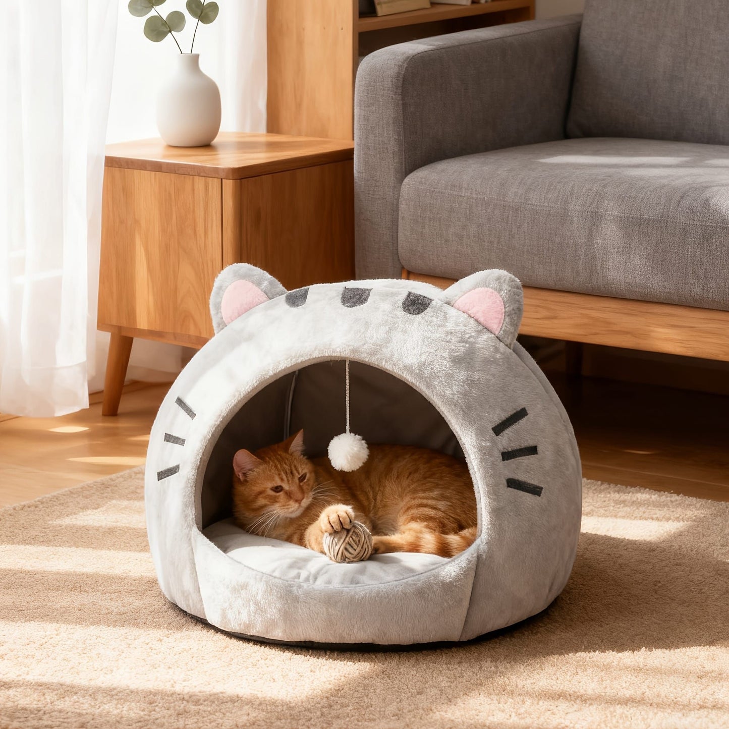 Cozy Semi-Enclosed Cat Cave Bed with Plush Toy Ball, 2-in-1 Convertible Design for Small Dogs and Rabbits, Soft Furry Shelter for Anxious Pets (S, Grey)