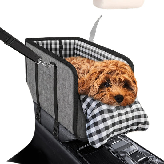 Portable Pet Car Seat for Small Dogs & Cats, Foldable Center Console Pet Bed with Safety Tether, Anti-Slip Bottom, and Removable Cushion for Safe and Comfortable Travel in SUVs, Sedans, and Vans (Black)