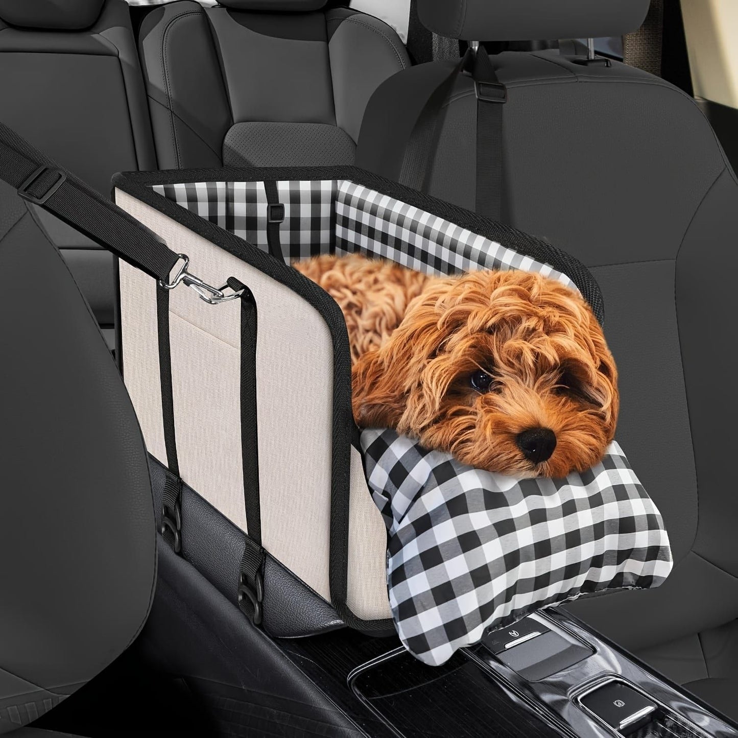 Portable Pet Car Seat for Small Dogs & Cats, Foldable Center Console Pet Bed with Safety Tether, Anti-Slip Bottom, and Removable Cushion for Safe and Comfortable Travel in SUVs, Sedans, and Vans (Black)