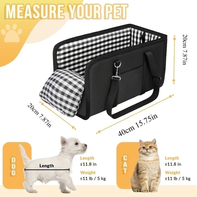 Portable Pet Car Seat for Small Dogs & Cats, Foldable Center Console Pet Bed with Safety Tether, Anti-Slip Bottom, and Removable Cushion for Safe and Comfortable Travel in SUVs, Sedans, and Vans (Black)