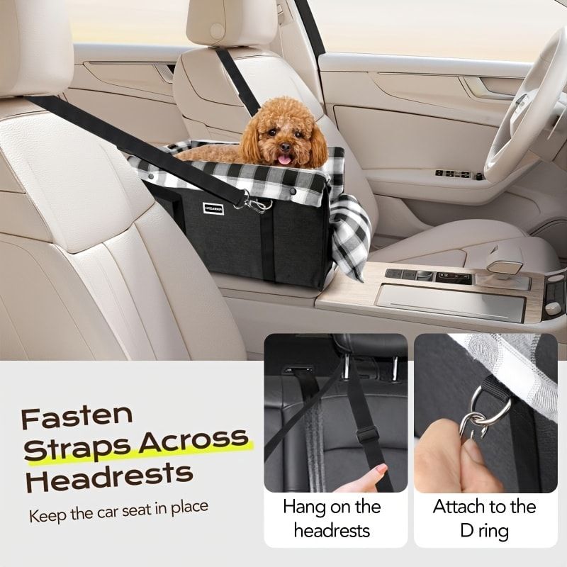 Portable Pet Car Seat for Small Dogs & Cats, Foldable Center Console Pet Bed with Safety Tether, Anti-Slip Bottom, and Removable Cushion for Safe and Comfortable Travel in SUVs, Sedans, and Vans (Black)