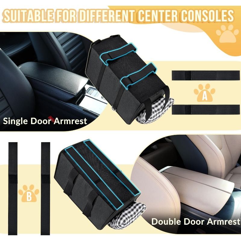 Portable Pet Car Seat for Small Dogs & Cats, Foldable Center Console Pet Bed with Safety Tether, Anti-Slip Bottom, and Removable Cushion for Safe and Comfortable Travel in SUVs, Sedans, and Vans (Black)