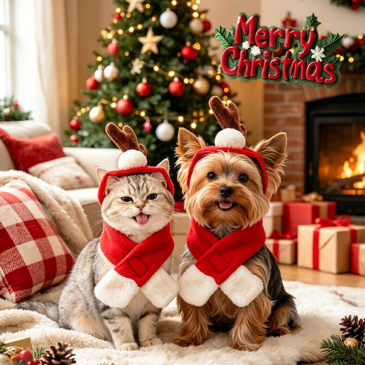 Product image: Christmas Reindeer Antler Headband and Scarf Set for Small Pets, Festive Holiday Photo Prop Accessory for Cats,