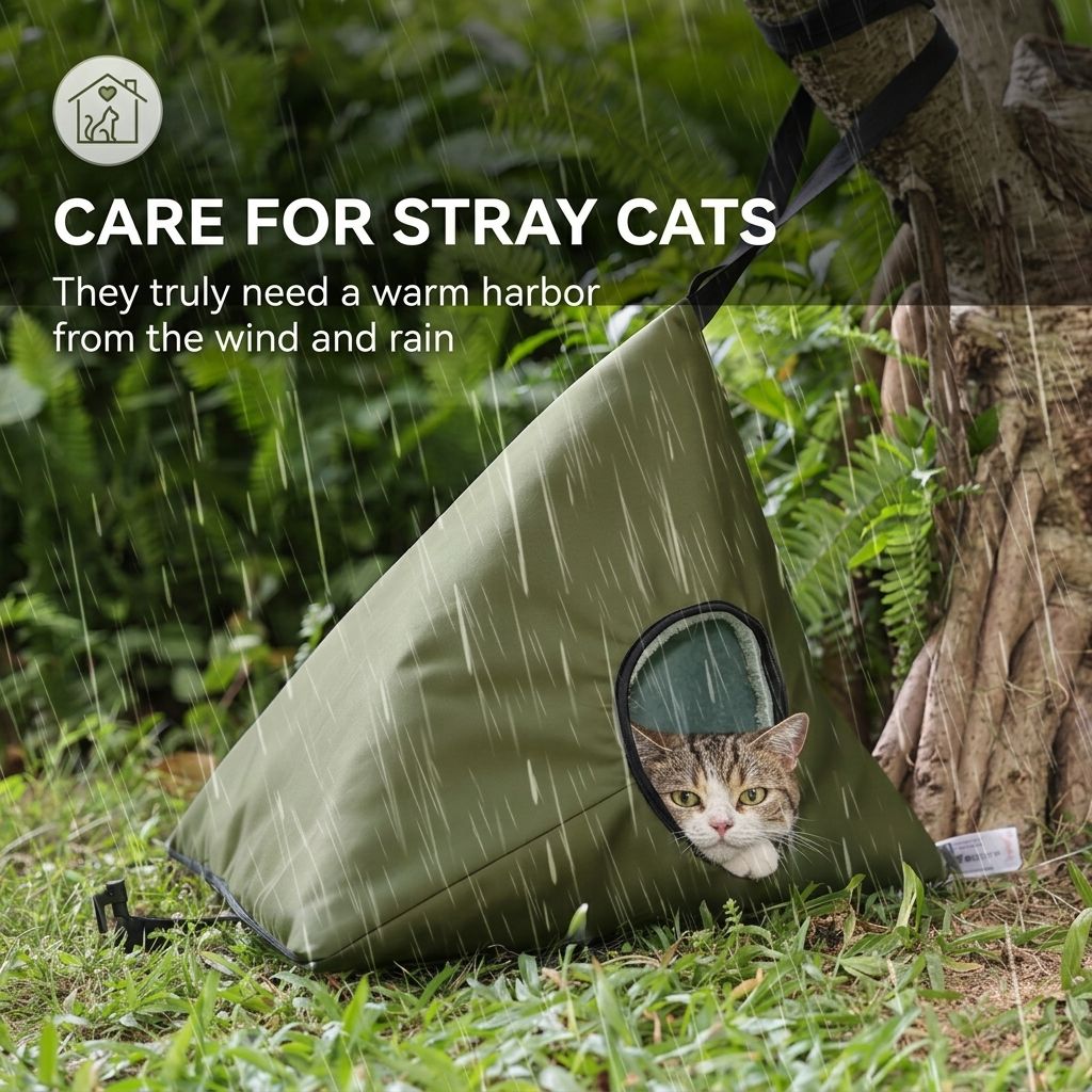 Portable Triangle Cat Cave Tent for Outdoor & Indoor Use – Waterproof, Windproof, Warm Foldable Cat House with Hanging Straps and Ground Stakes, Ideal for Stray Cats Seeking Cozy Shelter (DarkGreen)