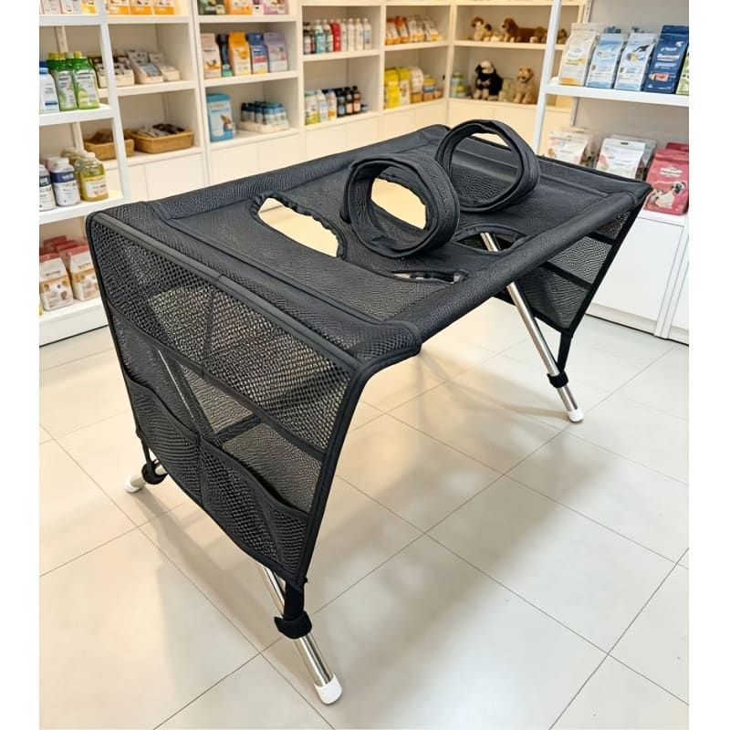 Foldable Pet Grooming Table for Cats and Small Dogs, Multi-functional Care Station with Mesh Bed, Storage Pockets, and Adjustable Restraint Straps for Nail Trimming, Hair Brushing, Bathing, and Ear Cleaning (Pink)