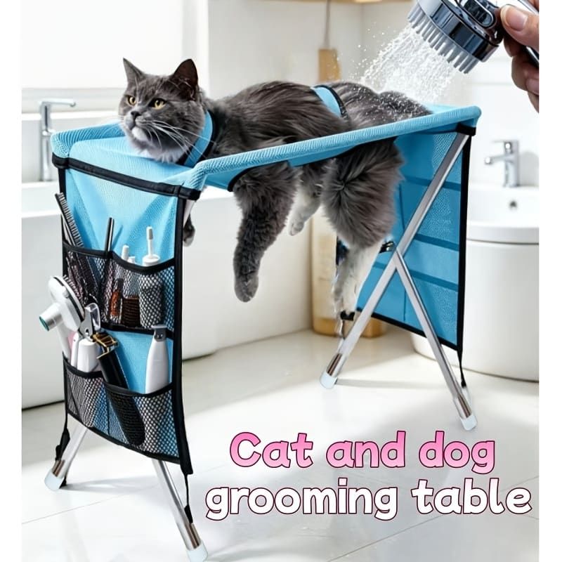 Foldable Pet Grooming Table for Cats and Small Dogs, Multi-functional Care Station with Mesh Bed, Storage Pockets, and Adjustable Restraint Straps for Nail Trimming, Hair Brushing, Bathing, and Ear Cleaning (Pink)