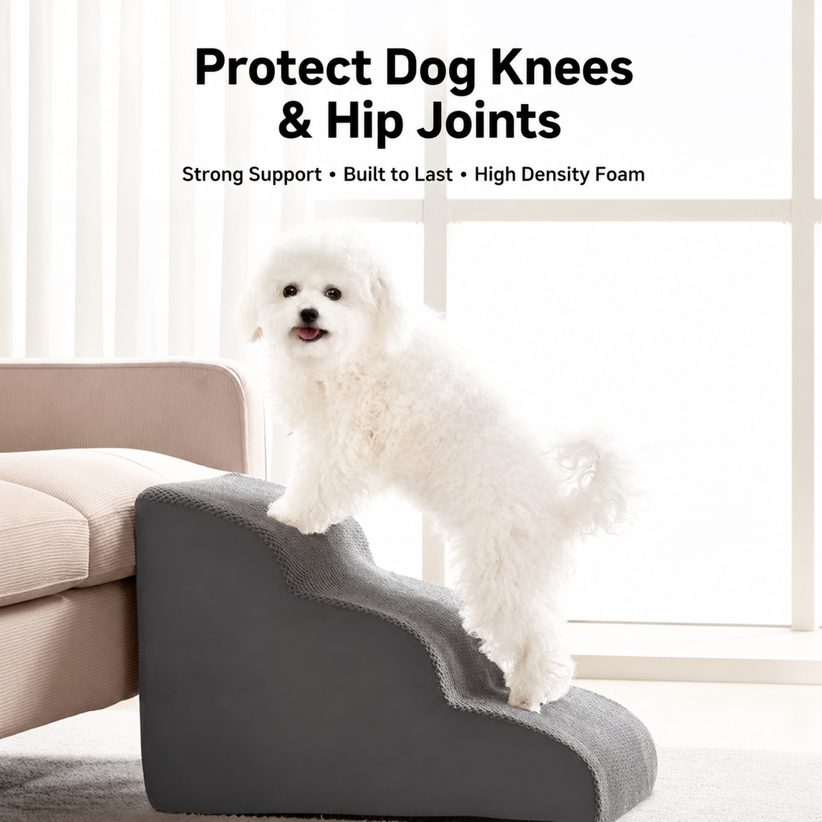 Orthopedic Foam Pet Stairs with Washable Cover – Safe 2, 3, & 4 Tier Dog Ramp for Bed & Couch Access, Gentle Slope for Puppies, Small Breeds, and Senior Pets Needing Joint Relief (Beige, 2Tier)