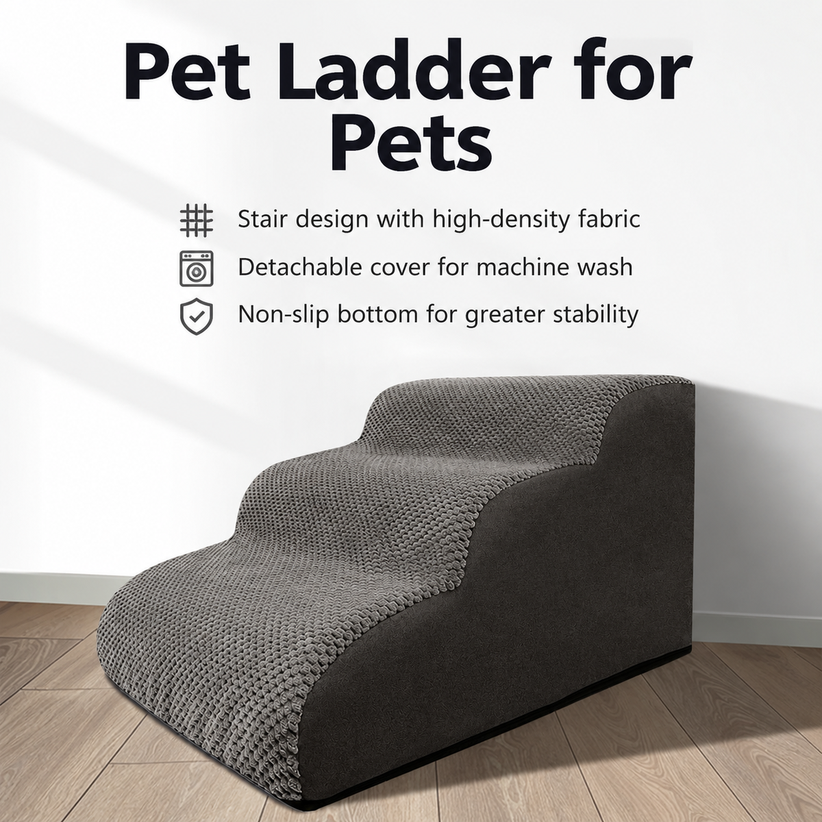 Orthopedic Foam Pet Stairs with Washable Cover – Safe 2, 3, & 4 Tier Dog Ramp for Bed & Couch Access, Gentle Slope for Puppies, Small Breeds, and Senior Pets Needing Joint Relief (Beige, 3Tier)