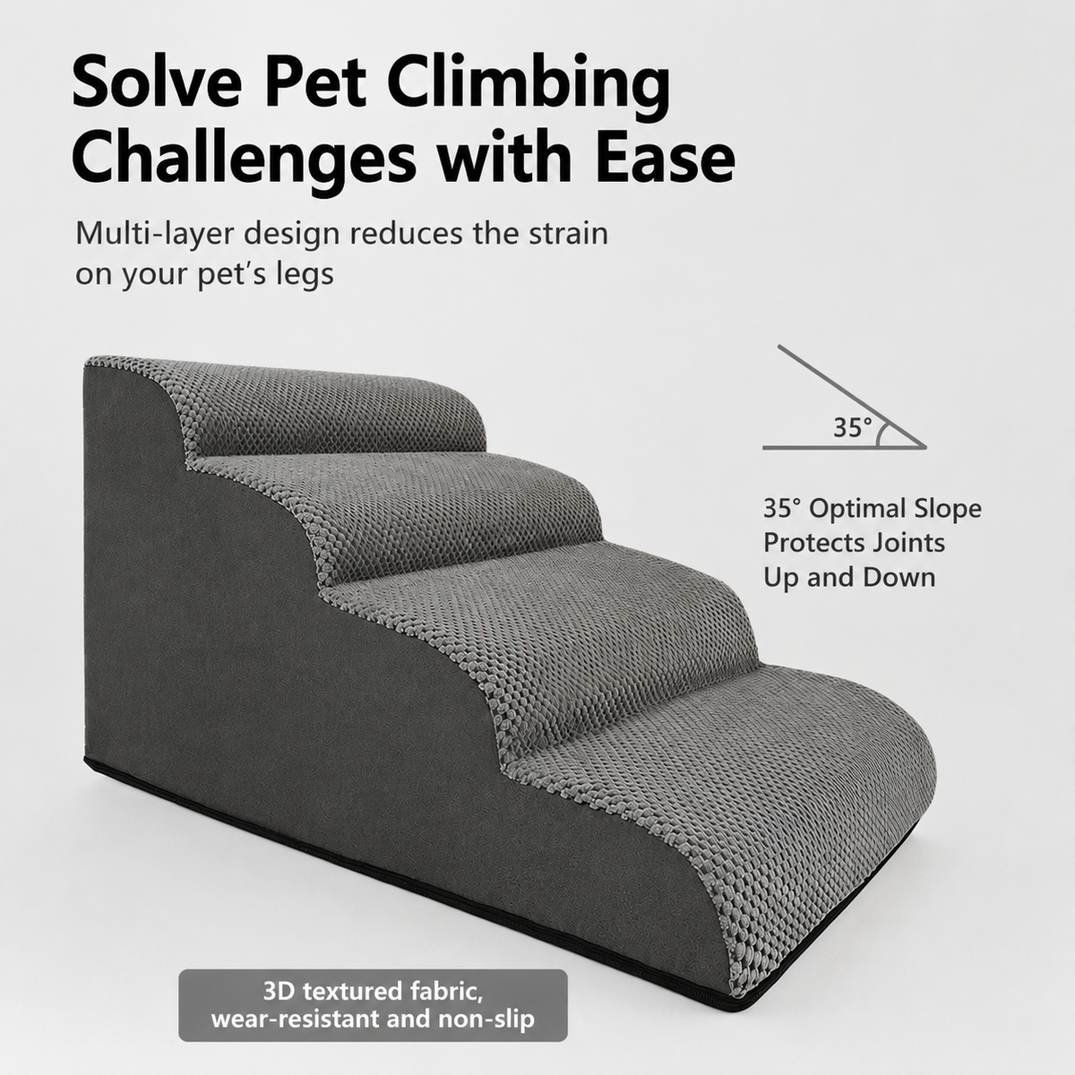 Orthopedic Foam Pet Stairs with Washable Cover – Safe 2, 3, & 4 Tier Dog Ramp for Bed & Couch Access, Gentle Slope for Puppies, Small Breeds, and Senior Pets Needing Joint Relief (Beige, 3Tier)